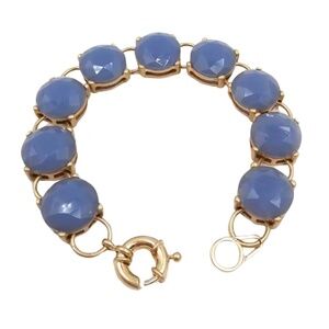 Grey Blue Matte Link Bracelet – 14mm Faceted Rounds, 7.5" Gold-Tone